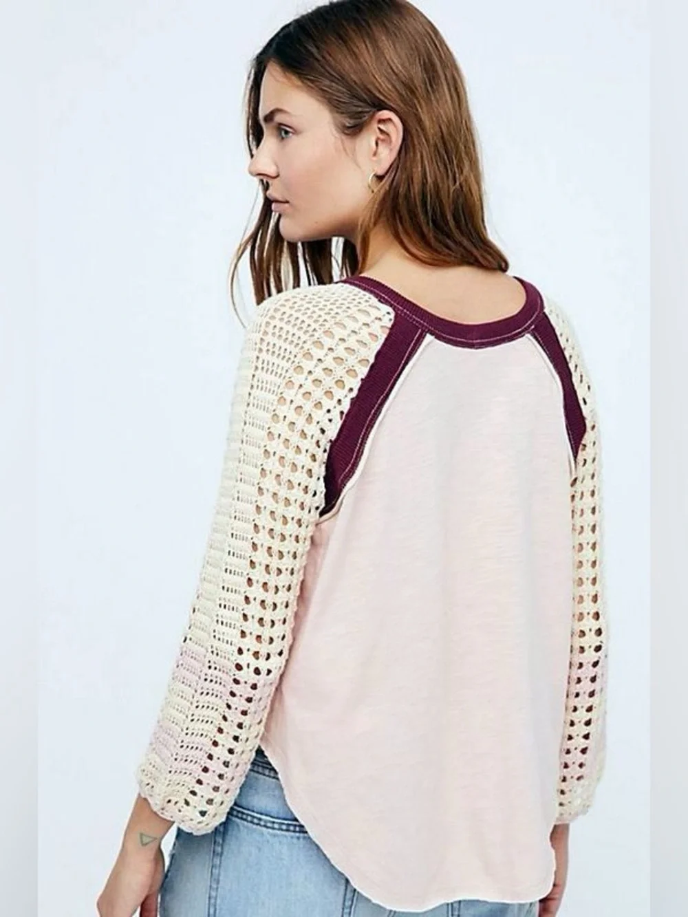Free People Finders Keepers Rose Pink Cream Crochet Raglan Sleeve Boho Top S